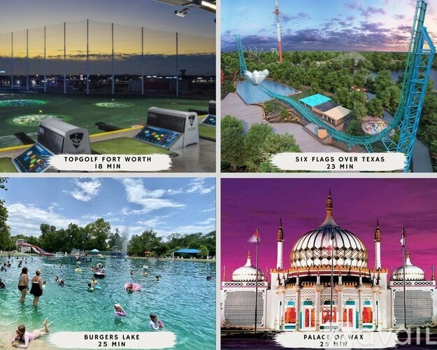 A collage of four images showcasing attractions including Topgolf Fort Worth, Six Flags Over Texas, Burgers Lake, and Palace of Wax with their respective waiting times.