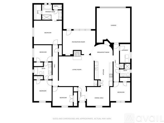 A floor plan of a house with a garage, living room, dining area, and multiple bedrooms.