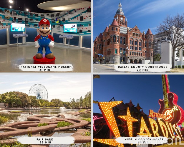 A collage of four images: a video game museum, a courthouse, a fair park, and a neon lights museum.