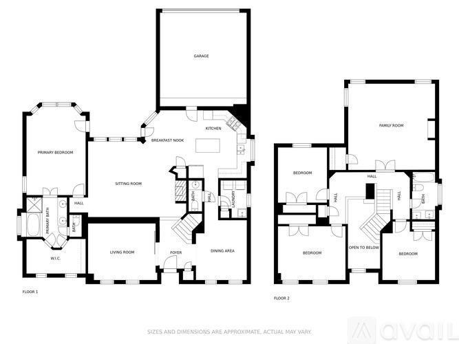 A floor plan of a two-story house with a living room, dining area, kitchen, and multiple bedrooms.