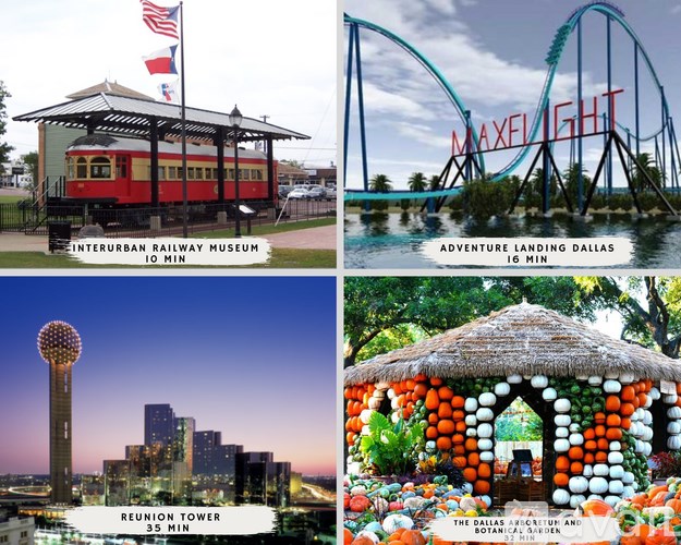 A collage of four images showcasing attractions in Dallas, including the Interurban Railway Museum, MaxxFlight, Reunion Tower, and the Dallas Arboretum and Botanical Garden.