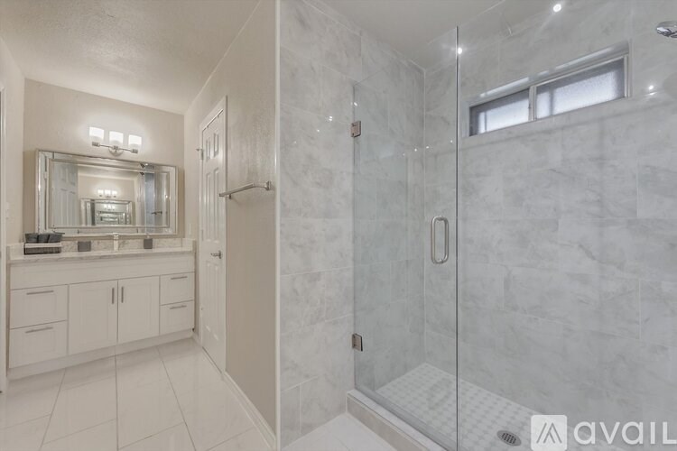 A bathroom with a walk-in shower and a vanity with a mirror.