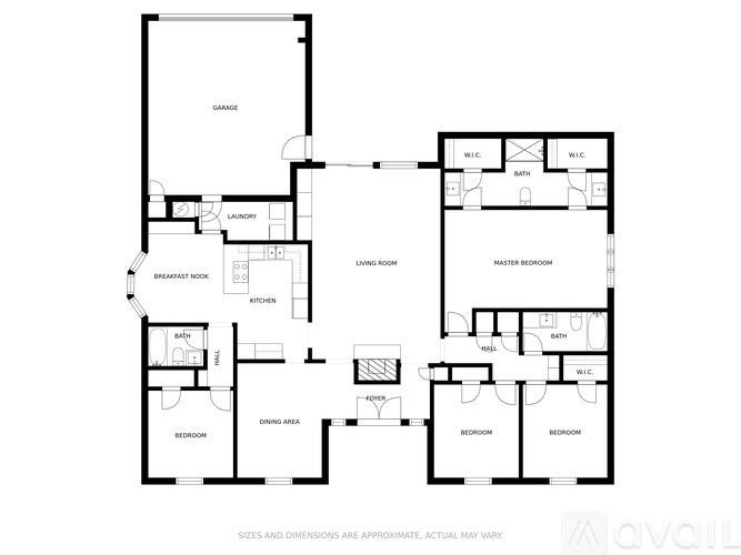 A floor plan of a house with a garage, living room, kitchen, dining area, and multiple bedrooms.