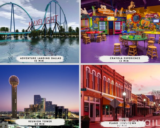 A collage of four images showcasing different attractions including an amusement park, a cityscape, a tower, and a downtown area.