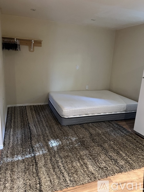 A bedroom with a bed and a rug on the floor.
