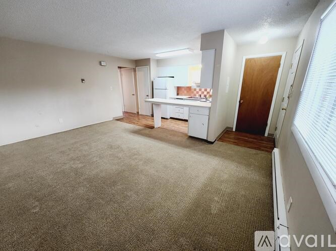 A living room with a carpeted floor and a kitchen area in the background.