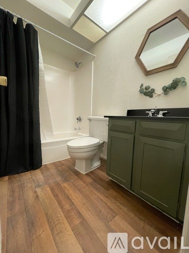 A bathroom with a toilet, sink, and mirror.