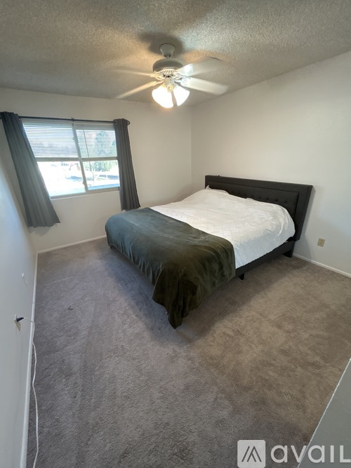 A bedroom with a bed, carpet, and a ceiling fan.