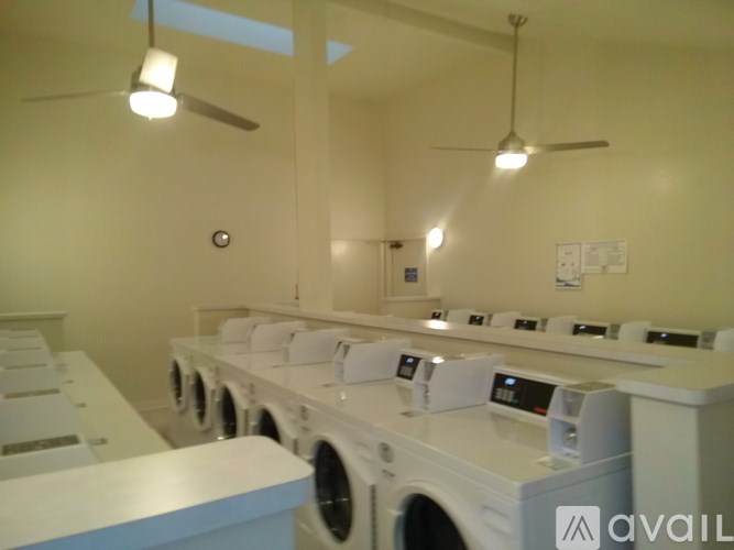 A row of washing machines are available for use.