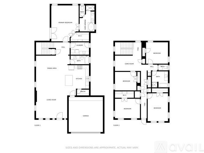 A floor plan of an apartment with living room, dining area, kitchen, bedrooms and bathrooms.