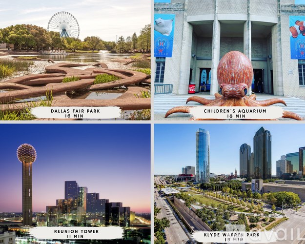 A collage of four images showcasing Dallas landmarks including the Reunion Tower, Children's Aquarium, Fair Park, and Klyde Warren Park.