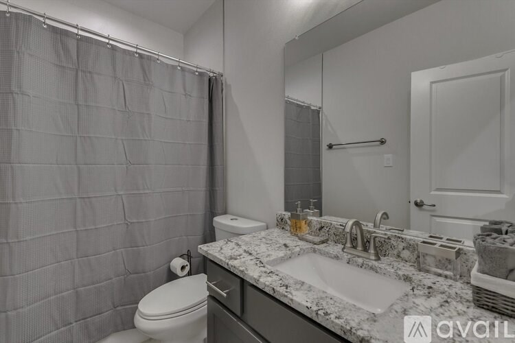 A bathroom with a toilet, sink, and shower curtain.