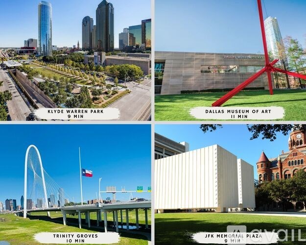 A collage of four images showcasing Klyde Warren Park, the Dallas Museum of Art, Trinity Groves, and the JFK Memorial Plaza.