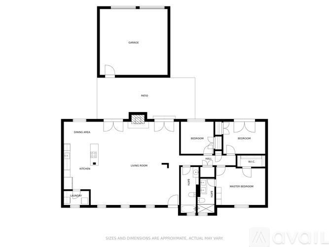A floor plan of an apartment with a living room, dining area, kitchen, and two bedrooms.