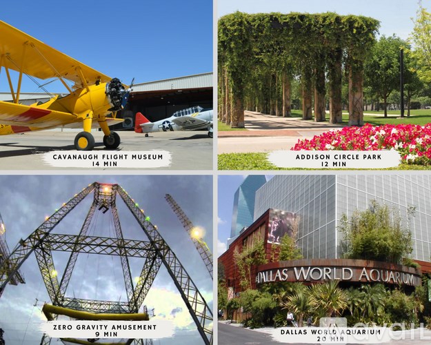 A collage of four images showing a yellow biplane, a tree-lined path, a Ferris wheel, and a building with a large aquarium sign.