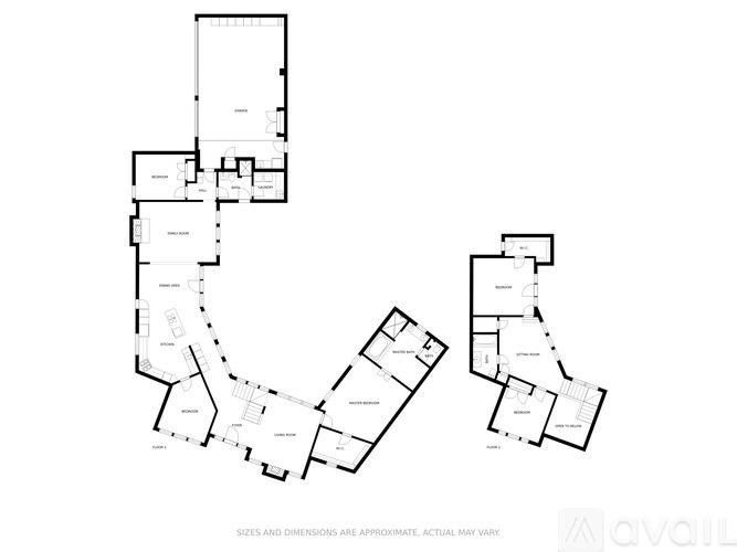 A floor plan of a building with multiple rooms and a note that sizes and dimensions are approximate.