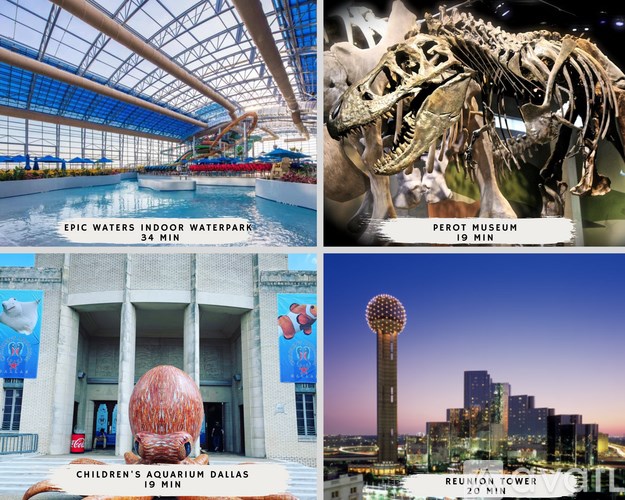 A collage of four images showcasing various attractions including an indoor waterpark, a museum, a children's aquarium, and a city skyline.