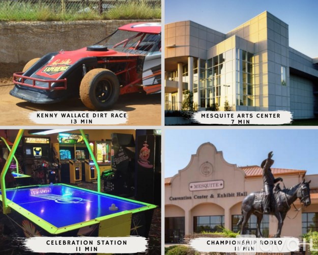 A series of images showcasing various attractions including a dirt race, an arts center, a celebration station, and a champion rodeo.