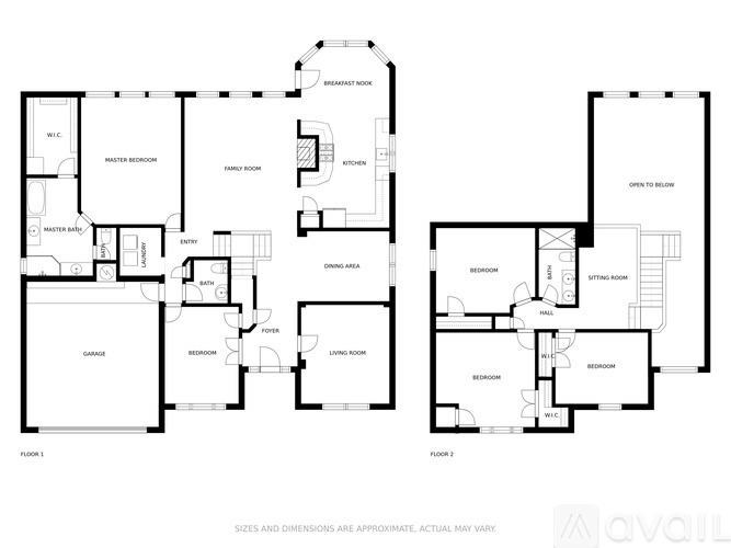 A floor plan of a house with two bedrooms, a living room, a kitchen, and a bathroom.