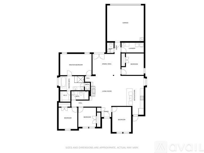 A floor plan of a house with labeled rooms such as "Kitchen", "Dining Room", and "Bedroom".