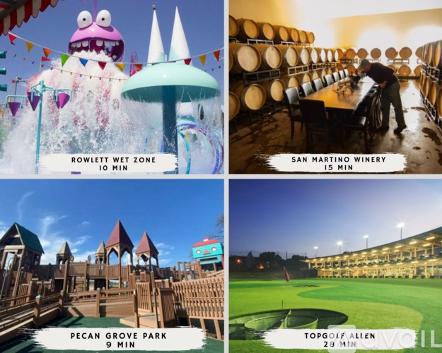 A collage of four images, each labeled with a name and a time duration, depicting various attractions and activities.