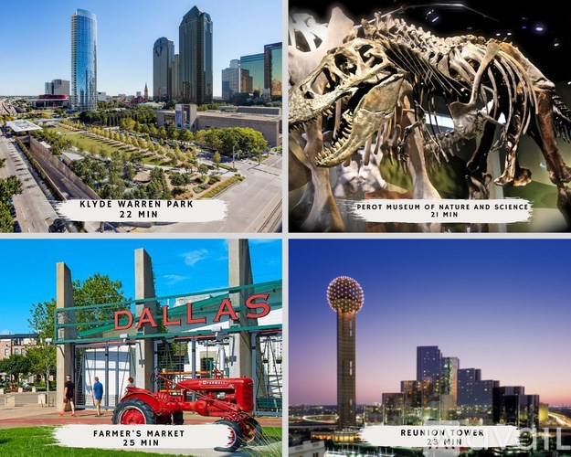 A collage of four images showcasing Klyde Warren Park, the Perot Museum of Nature and Science, the Farmers Market, and the Reunion Tower in Dallas.