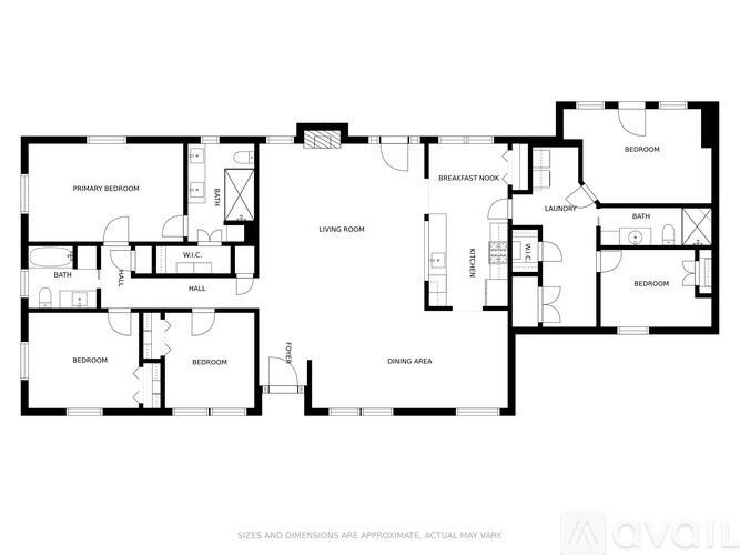 A floor plan of a house with labeled rooms such as Bedroom, Bathroom, Living Room, and Dining Area.