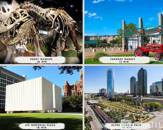 A collage of four images showing a dinosaur skeleton, the Dallas skyline, a building with JFK Memorial Plaza, and Klyde Warren Park.