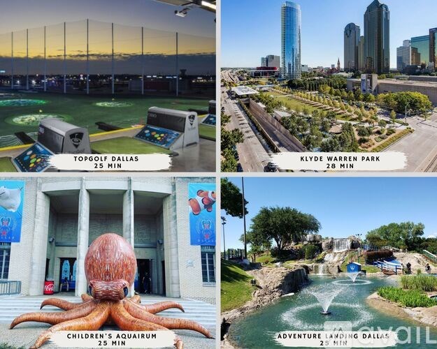 A collage of four images showcasing various attractions including a golf course, a park, an aquarium, and an adventure landing area.