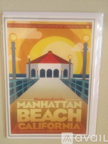 A framed poster of Manhattan Beach, California.