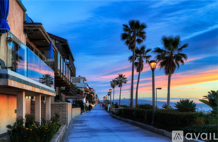 A street lined with palm trees and buildings with balconies.