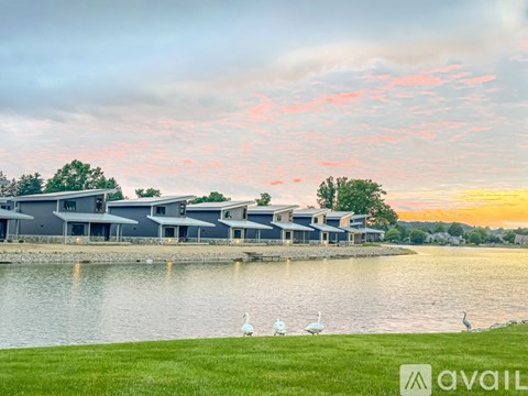 A serene lakeside scene with a modern building and a few birds.