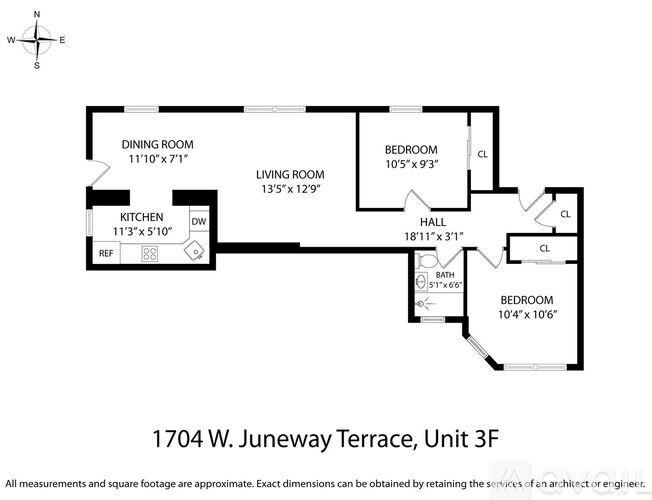 A black and white image of a floor plan for a 3-bedroom apartment at 1704 W. Juneway Terrace.