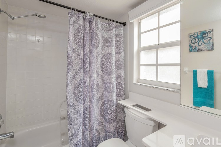 A bathroom with a shower curtain and a toilet.