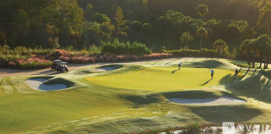 A golf course with a golfer on the green.