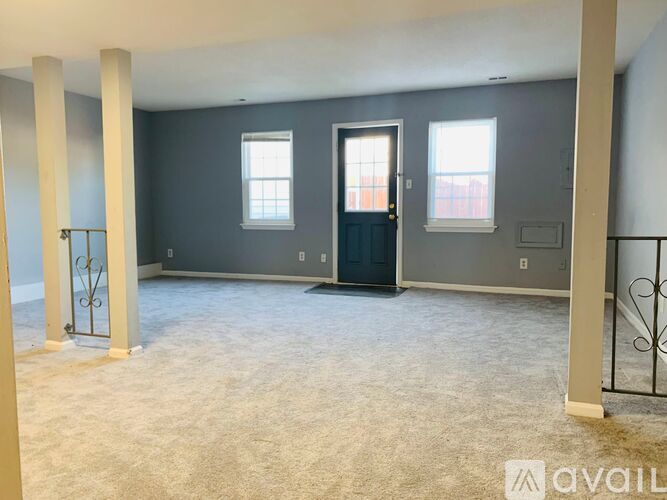 A spacious room with a door, two windows, and a carpeted floor.