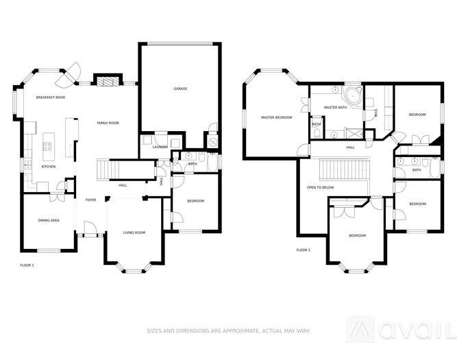 A floor plan of a house with two bedrooms, a living room, a dining room, a kitchen, a breakfast nook, and a garage.