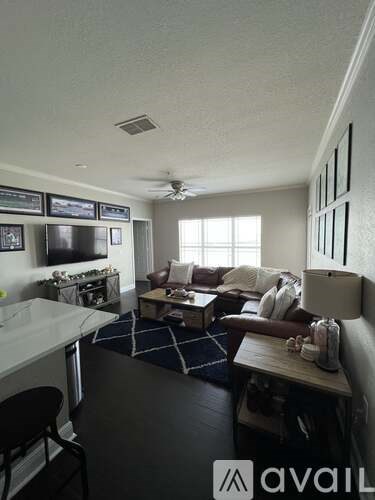 A living room with a couch, a chair, and a television.