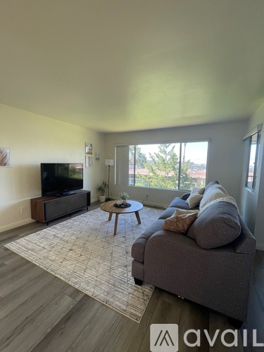 A living room with a grey couch and a television.