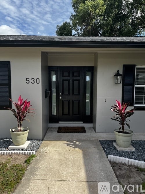 A house numbered 530 with a black front door and two potted plants.