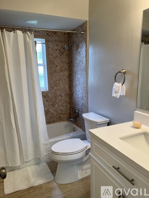 A white toilet sits next to a shower curtain in a bathroom.
