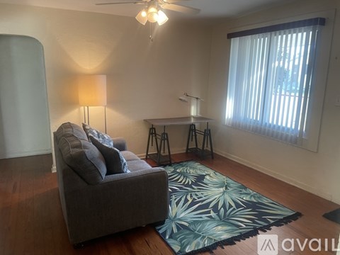 A living room with a grey couch and a blue rug.