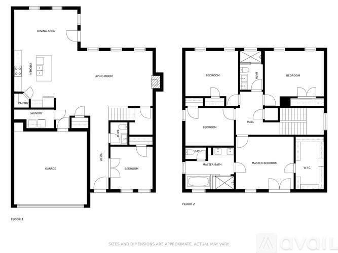 A floor plan of a two-story house with two bedrooms and two bathrooms on the second floor.