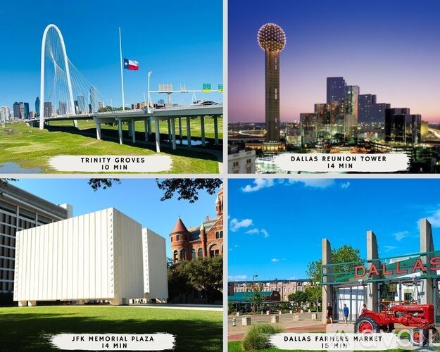 Four images of Dallas landmarks with their names and estimated visiting times.