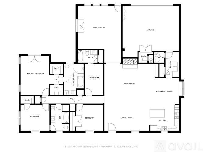 A floor plan of a house with a garage, living room, dining area, kitchen, and multiple bedrooms.
