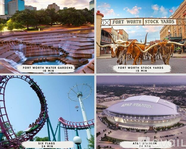 A collage of four images showcasing attractions in Fort Worth, including the Stock Yards, a roller coaster, a stadium, and a water garden.