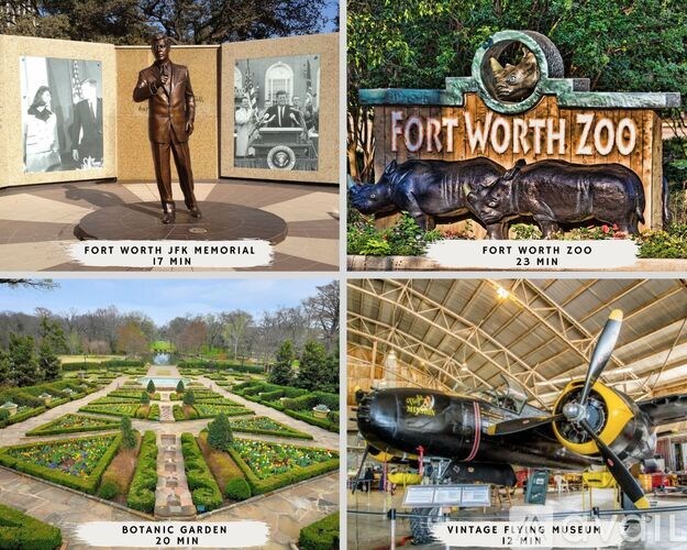 A collage of four images showcasing the Fort Worth Zoo, a statue, a botanic garden, and a vintage flying museum.