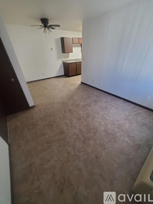 A room with a ceiling fan and a cabinet.