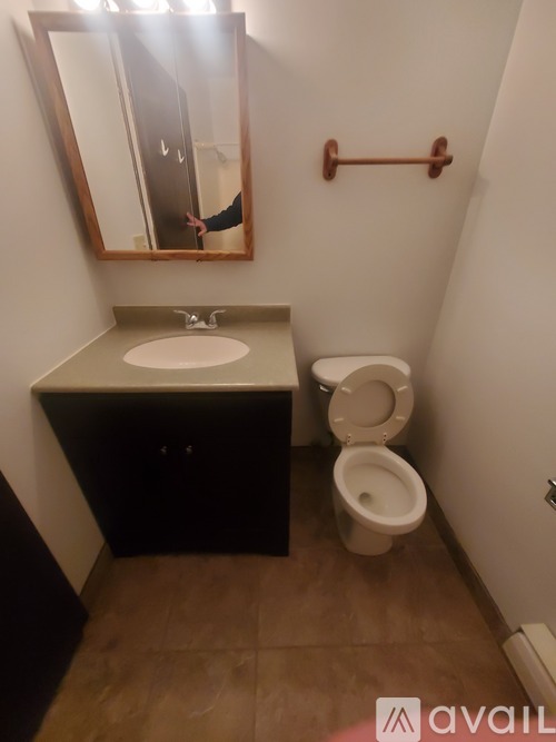 A bathroom with a toilet, sink, and mirror.