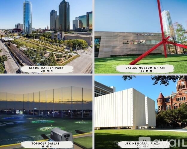 A collage of four images showcasing various attractions in Dallas, including Klyde Warren Park, the Dallas Museum of Art, Topgolf Dallas, and the JFK Memorial Plaza.